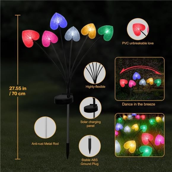 2PACK Big Heart Solar Stake Lights with 12LED Heart Swaying...